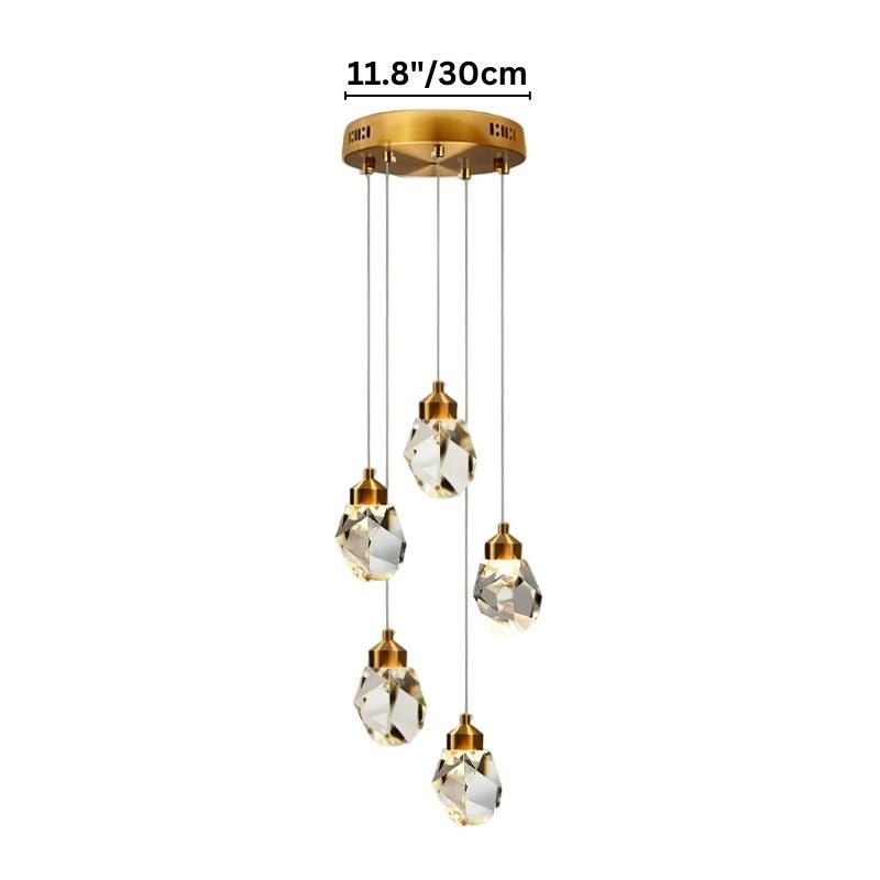 Clérachic five-head round crystal pendant light with staggered faceted drops hung from a gold circular canopy, width marked.