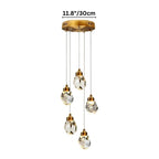 Clérachic five-head round crystal pendant light with staggered faceted drops hung from a gold circular canopy, width marked.