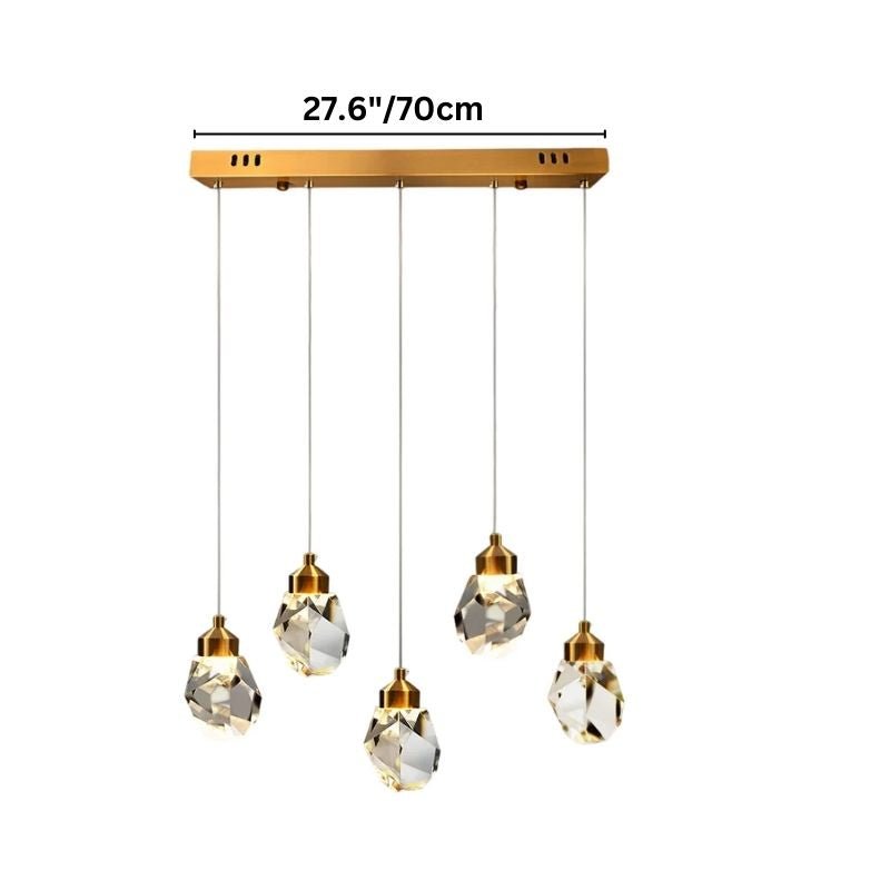 Clérachic five-head linear crystal pendant light on a long gold bar canopy, staggered faceted drops with the width marked.
