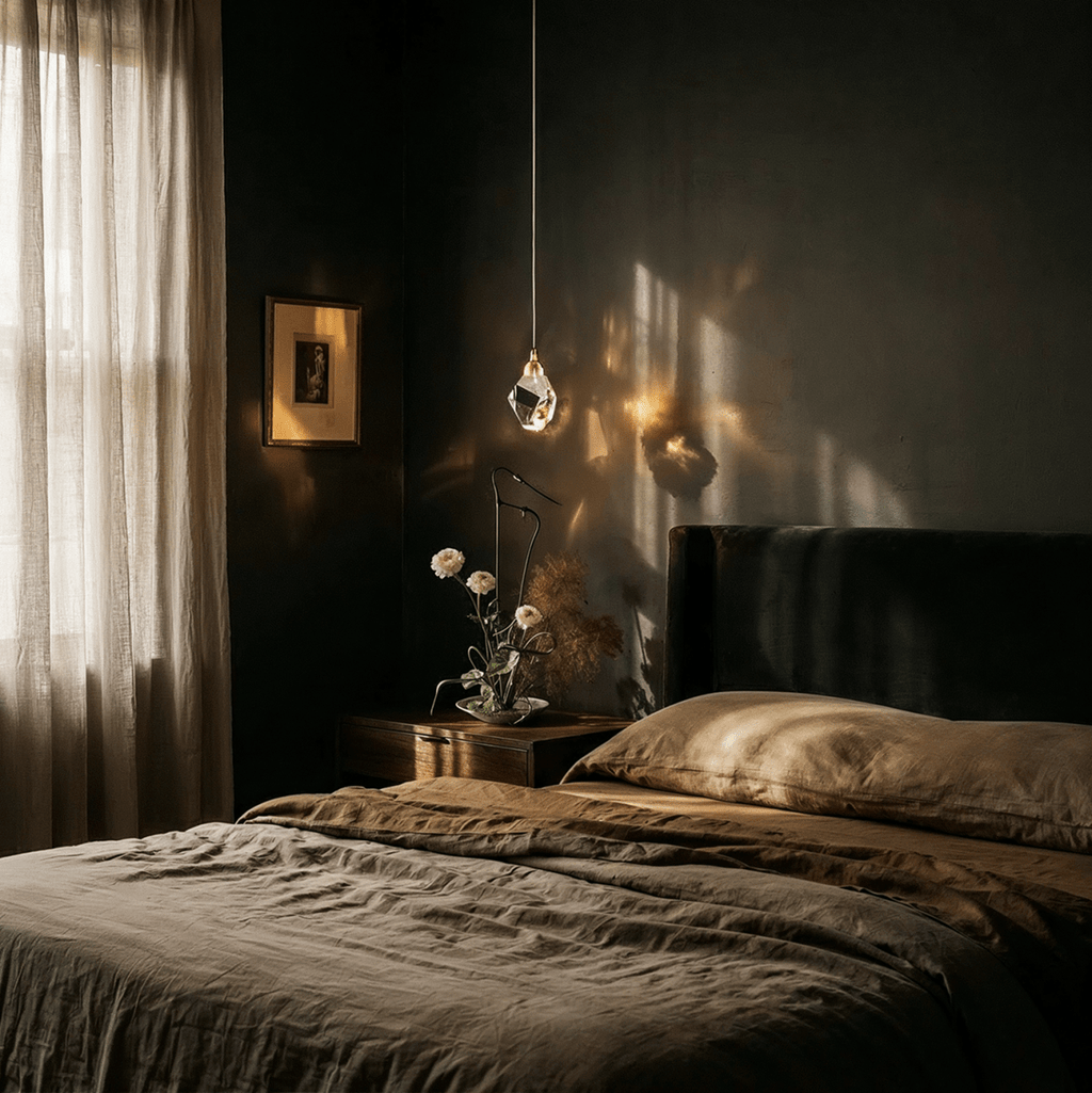 Clérachic single faceted crystal pendant light hanging beside a linen-dressed bed in a dark, sunlit bedroom with sheer curtains.
