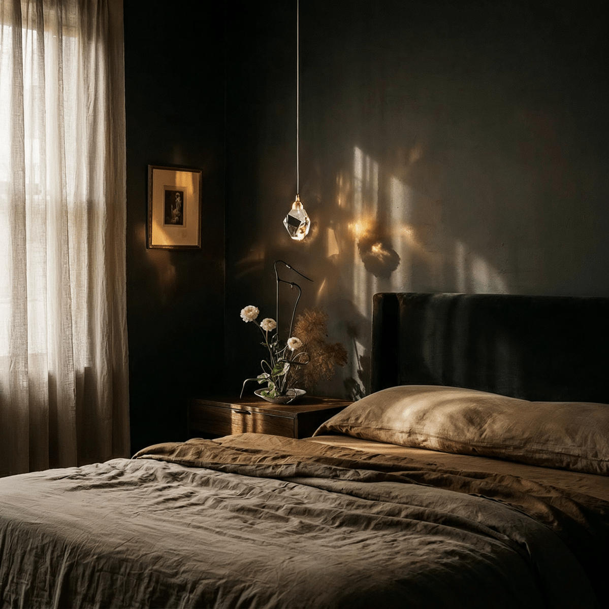 Clérachic single faceted crystal pendant light hanging beside a linen-dressed bed in a dark, sunlit bedroom with sheer curtains.