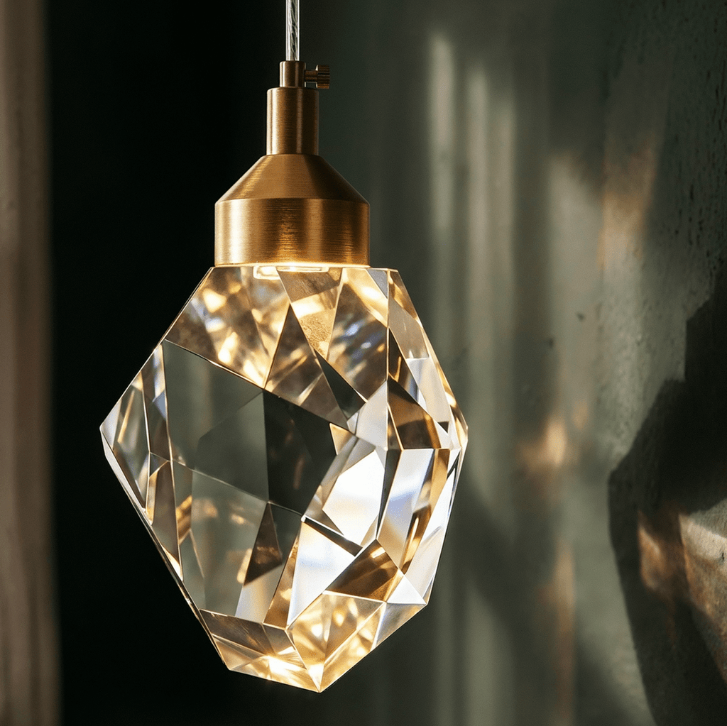 Close view of a Clérachic faceted crystal pendant light, its brushed gold cap and cut glass catching warm light against a dark wall.