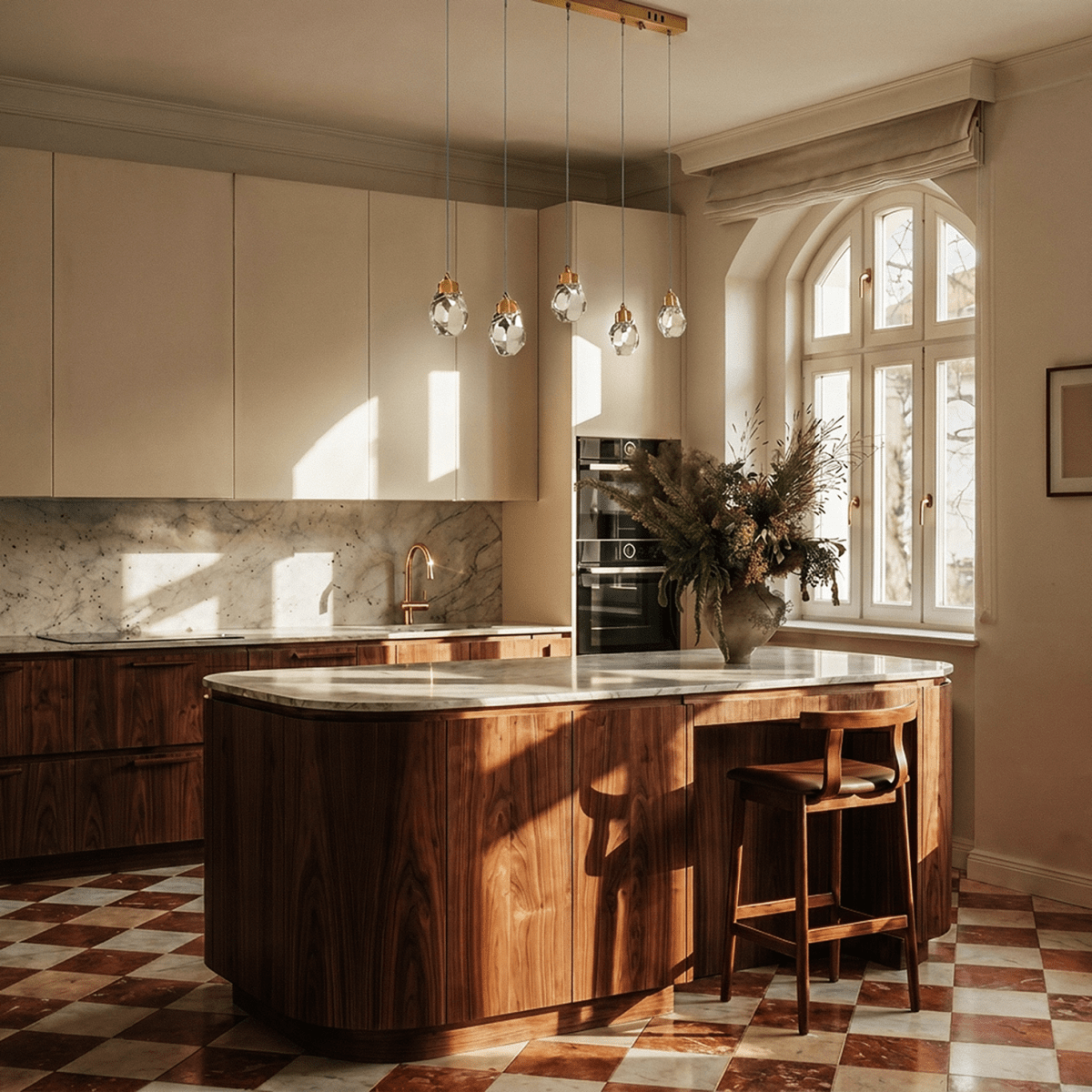 Clérachic five-head linear crystal pendant light over a walnut kitchen island with a marble top and a chequered tiled floor.