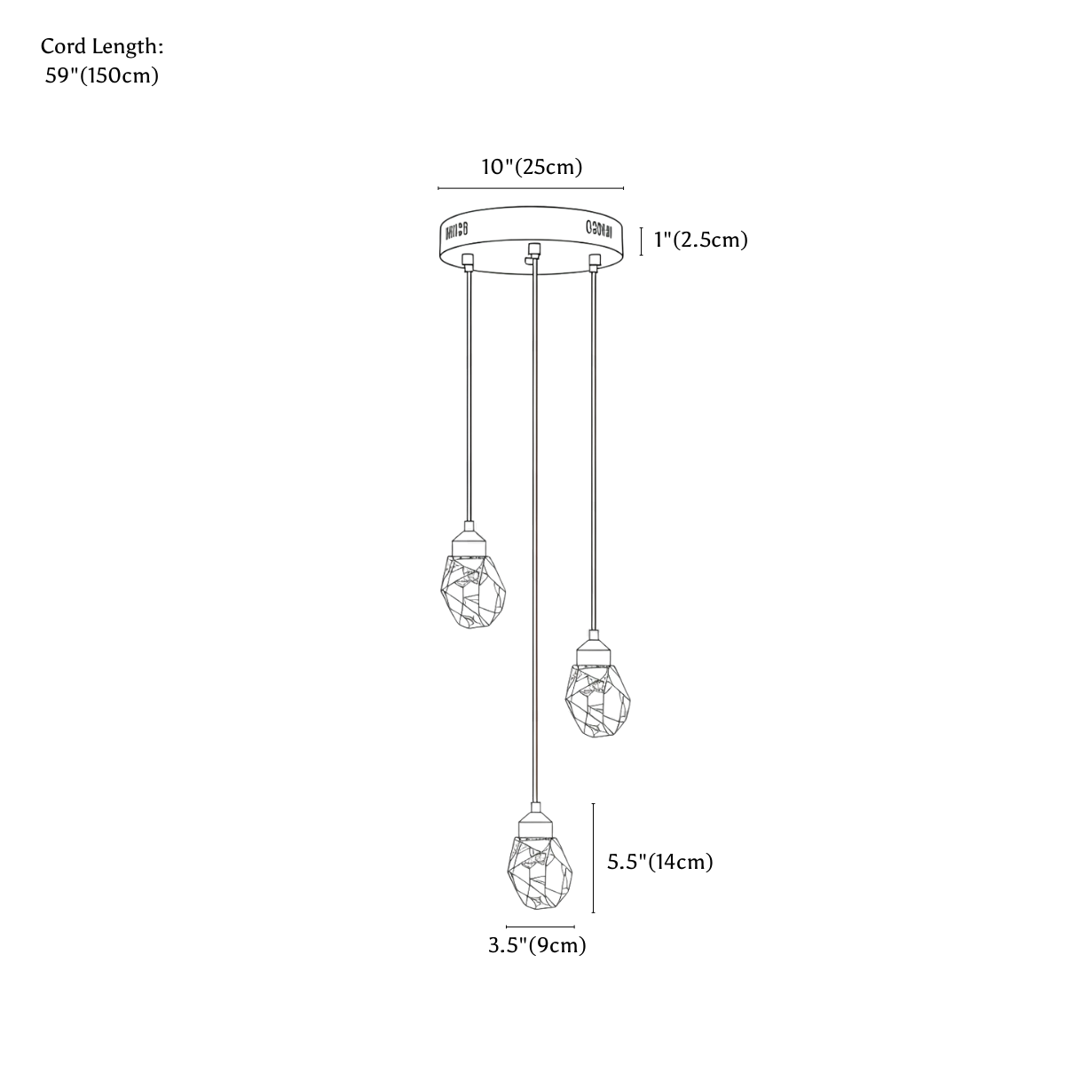 Clérachic pendant light dimension drawing, Round, 3 heads, every measurement marked in centimetres and inches.