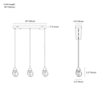 Clérachic pendant light dimension drawing, Linear, 3 heads, every measurement marked in centimetres and inches.