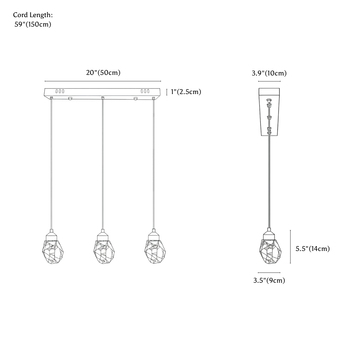 Clérachic pendant light dimension drawing, Linear, 3 heads, every measurement marked in centimetres and inches.