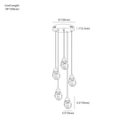 Clérachic pendant light dimension drawing, Round, 5 heads, every measurement marked in centimetres and inches.