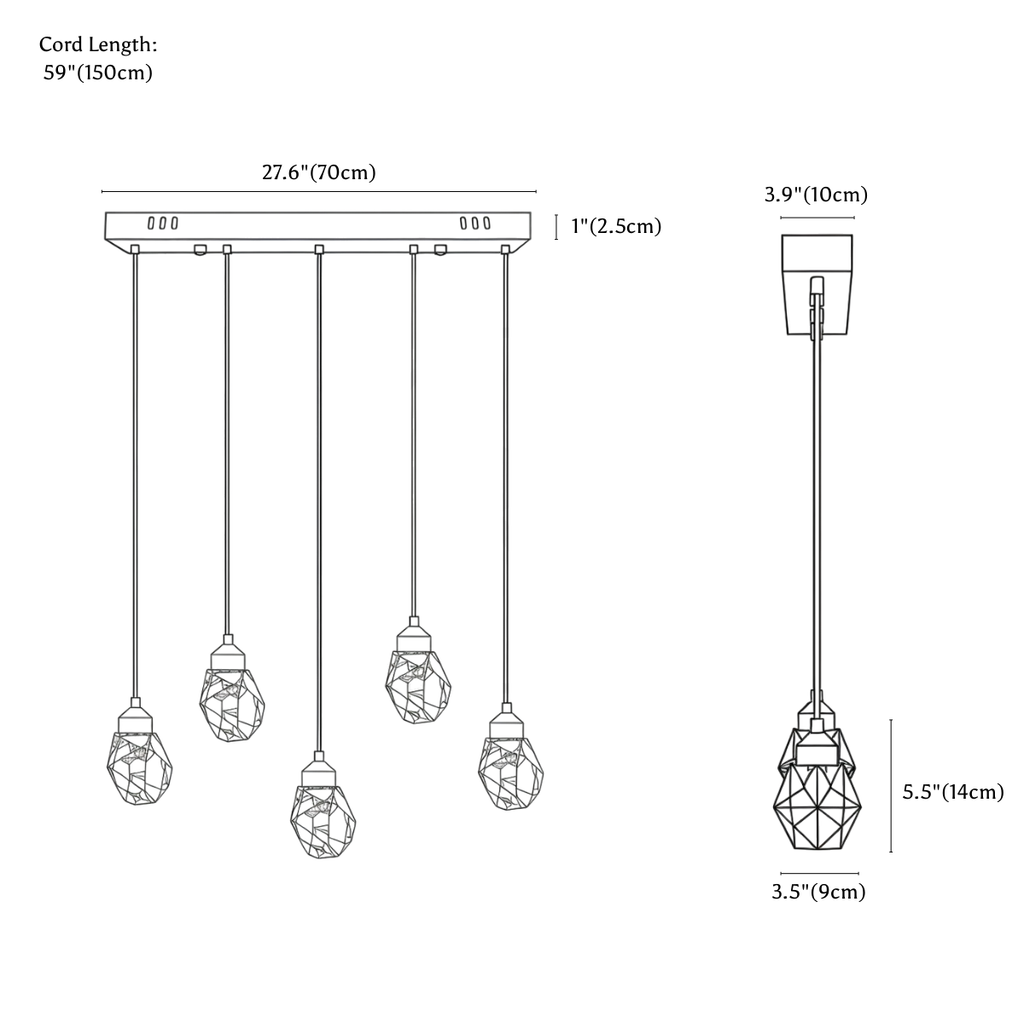 Clérachic pendant light dimension drawing, Linear, 5 heads, every measurement marked in centimetres and inches.