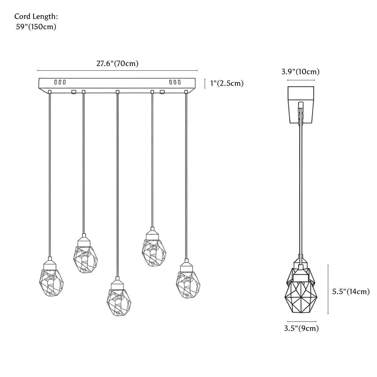 Clérachic pendant light dimension drawing, Linear, 5 heads, every measurement marked in centimetres and inches.