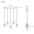 Clérachic pendant light dimension drawing, Linear, 5 heads, every measurement marked in centimetres and inches.