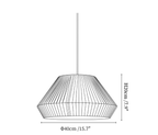 Clérachic pendant light dimension drawing, 1 of 3, every measurement marked in centimetres and inches.