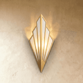Clérachic Art Deco wall lamp in gold, a fan of linen panels in a slim metal frame, glowing warm on a limewashed wall.