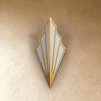 Clérachic gold Art Deco wall lamp switched off, five tapered linen panels set in thin gold metal frames on a plaster wall.