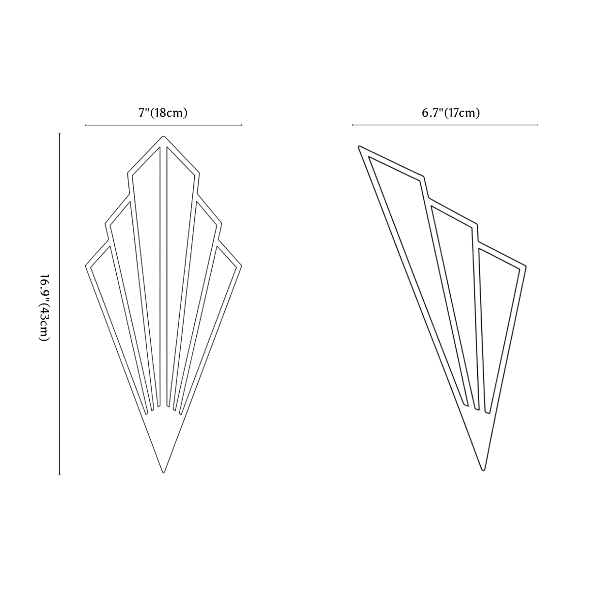 Clérachic wall light dimension drawing, every measurement marked in centimetres and inches.