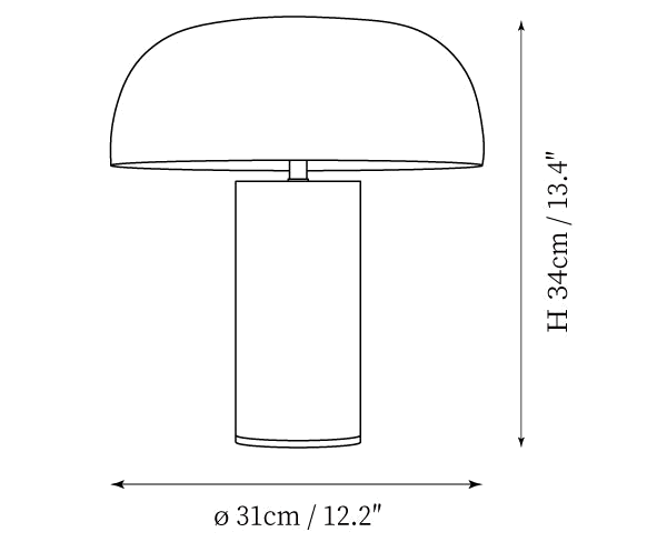 Clérachic table lamp dimension drawing, every measurement marked in centimetres and inches.