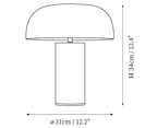 Clérachic table lamp dimension drawing, every measurement marked in centimetres and inches.