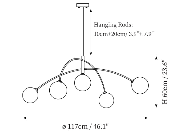 Dimension drawing of this Clérachic chandelier, with its 117 cm width, 60 cm height and 10 cm and 20 cm hanging rods marked.
