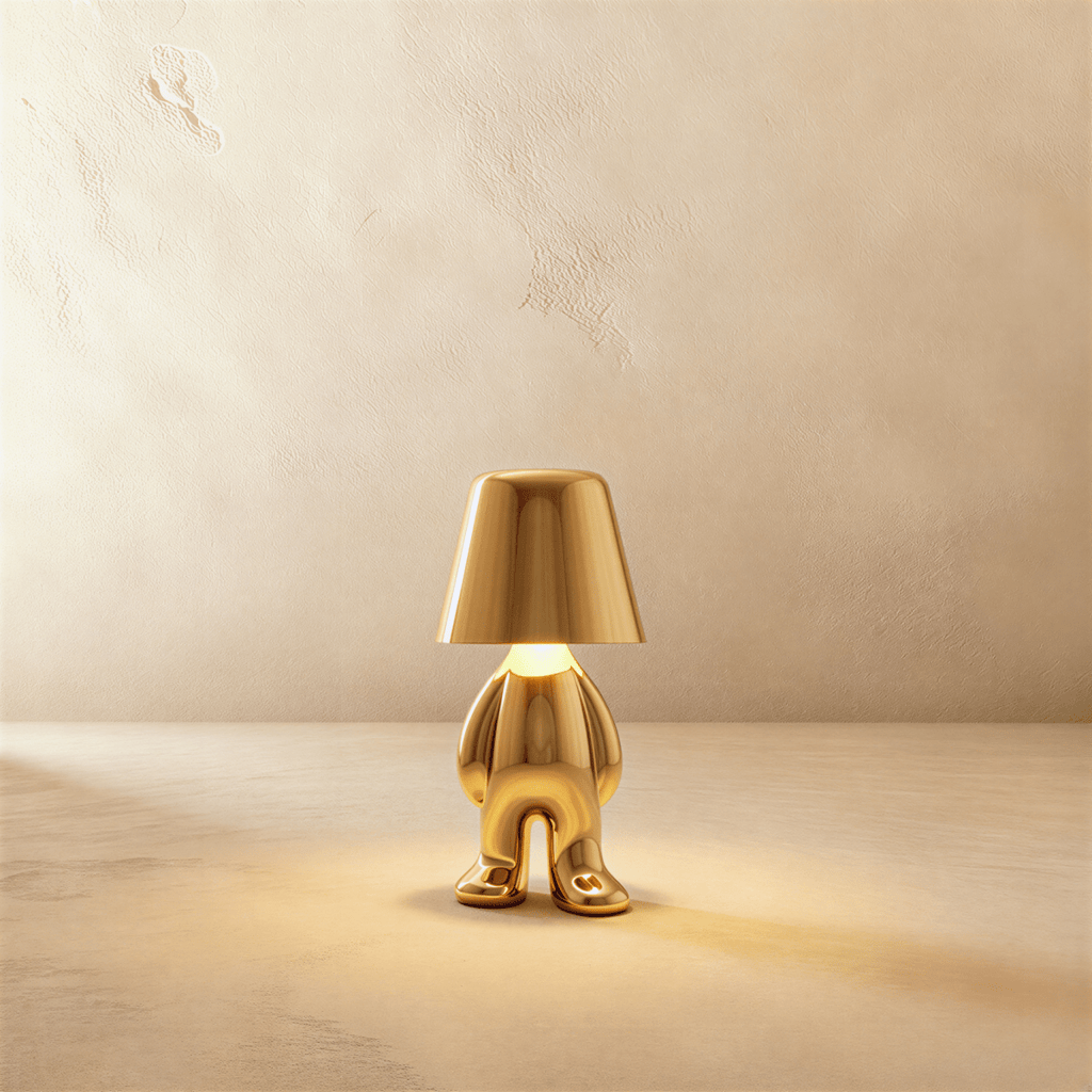 Clérachic gold figurine table lamp standing upright, warm glow beneath its tapered shade against a plaster wall.