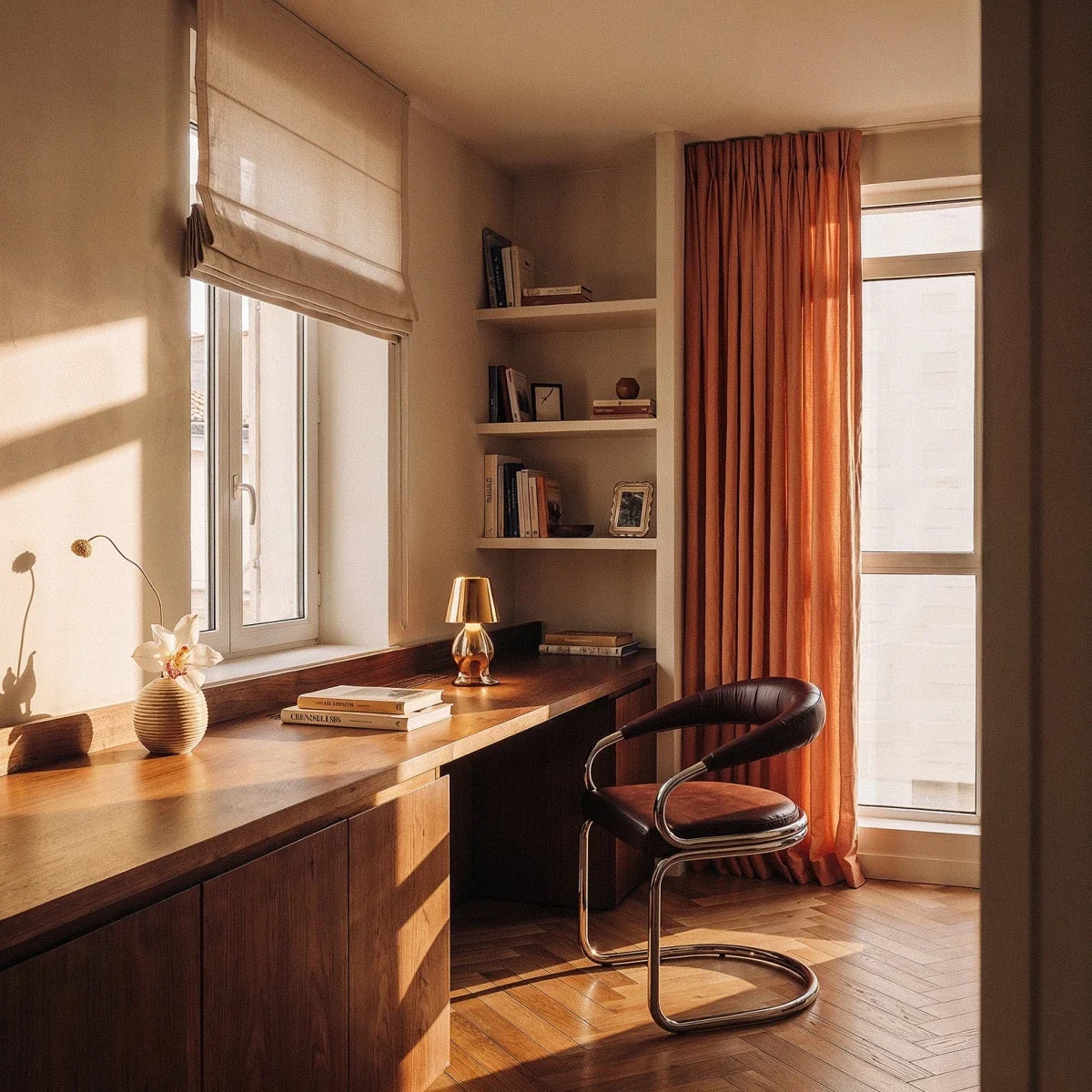 Clérachic gold figurine table lamp glowing warm white on a walnut desk beside a sunlit window and orange curtain.