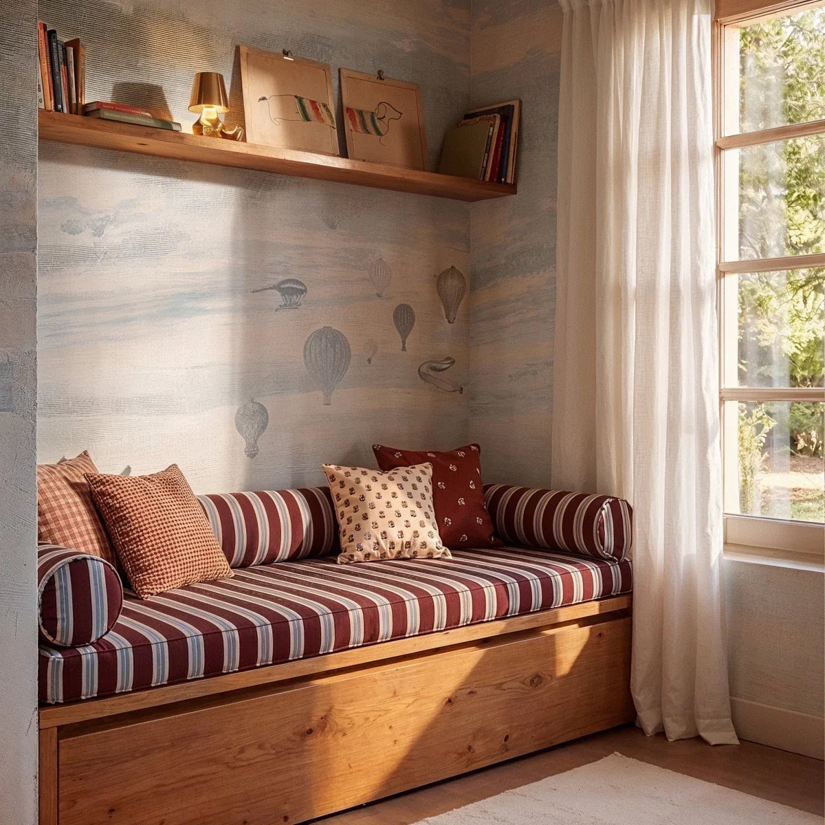 Clérachic gold figurine table lamp glowing warm white on a shelf above a striped daybed in a child's reading nook.