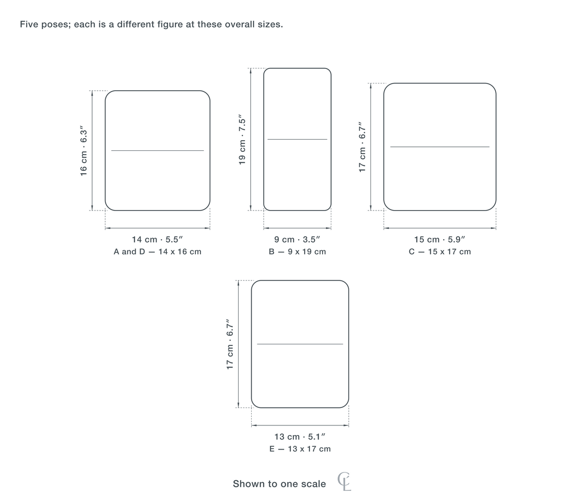 Technical dimension drawing of the Figurine Table Lamp for Bedside, Gold, Touch Dimming, 19 cm in all 4 sizes — A and D at 14 × 16 cm (5.5 × 6.3″), B at 9 × 19 cm (3.5 × 7.5″), C at 15 × 17 cm (5.9 × 6.7″), E at 13 × 17 cm (5.1 × 6.7″), drawn to one scale.