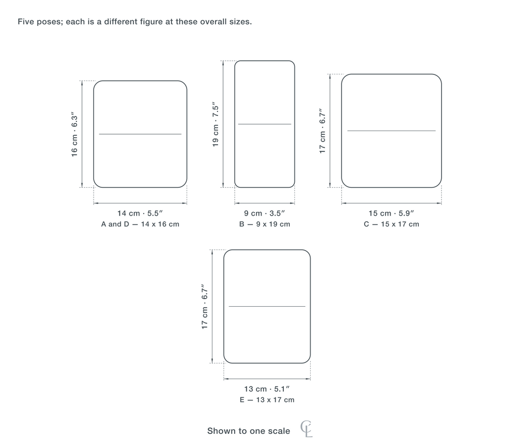 Technical dimension drawing of the Clérachic Figurine Table Lamp for Bedside, Gold, Touch Dimming, 19 cm in all 4 sizes — A and D at 14 × 16 cm (5.5 × 6.3″), B at 9 × 19 cm (3.5 × 7.5″), C at 15 × 17 cm (5.9 × 6.7″), E at 13 × 17 cm (5.1 × 6.7″), drawn to one scale.