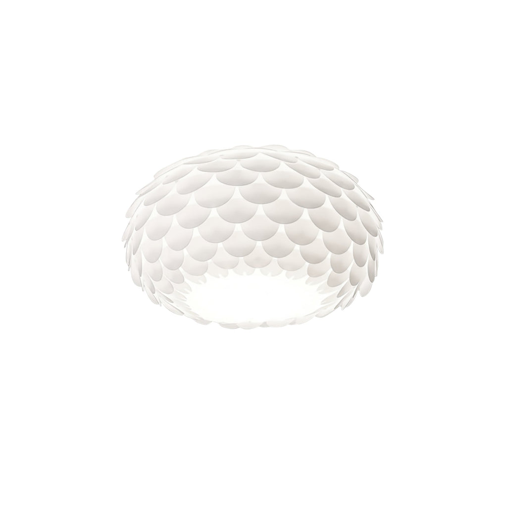 White fish-scale Clérachic ceiling light with its shape softly lit from below, on a plain white background.
