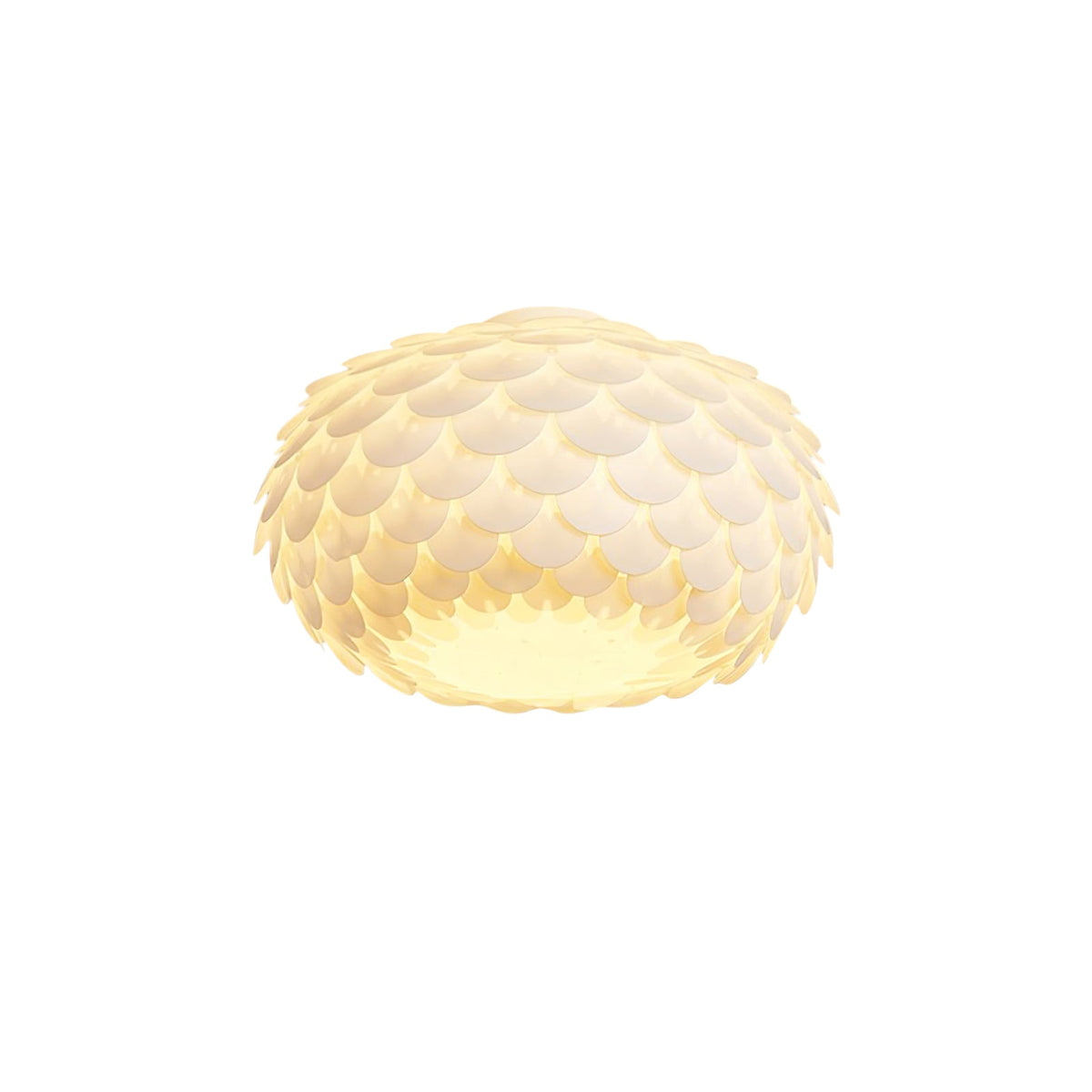 Clérachic oval ceiling light in warm white light, its scales glowing softly, on a white background.