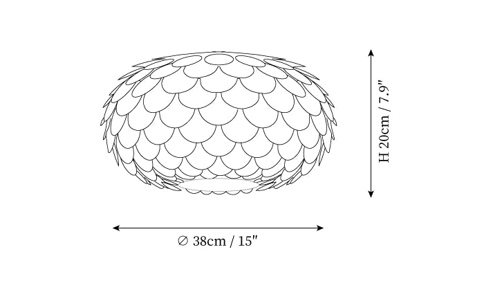 Dimension drawing of this Clérachic ceiling light, with its height and width marked.
