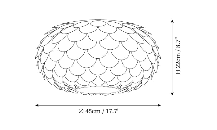 Dimension drawing of this Clérachic ceiling light in its larger size, with its height and width marked.