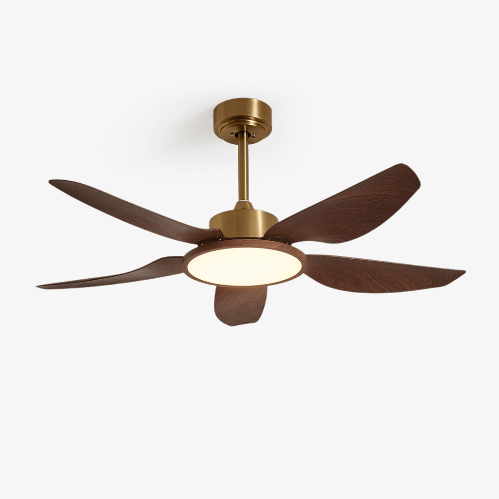 Front view of this Clérachic five-blade ceiling fan on a plain white backdrop, with walnut-grain blades, a gold-toned down-rod and a round LED light.