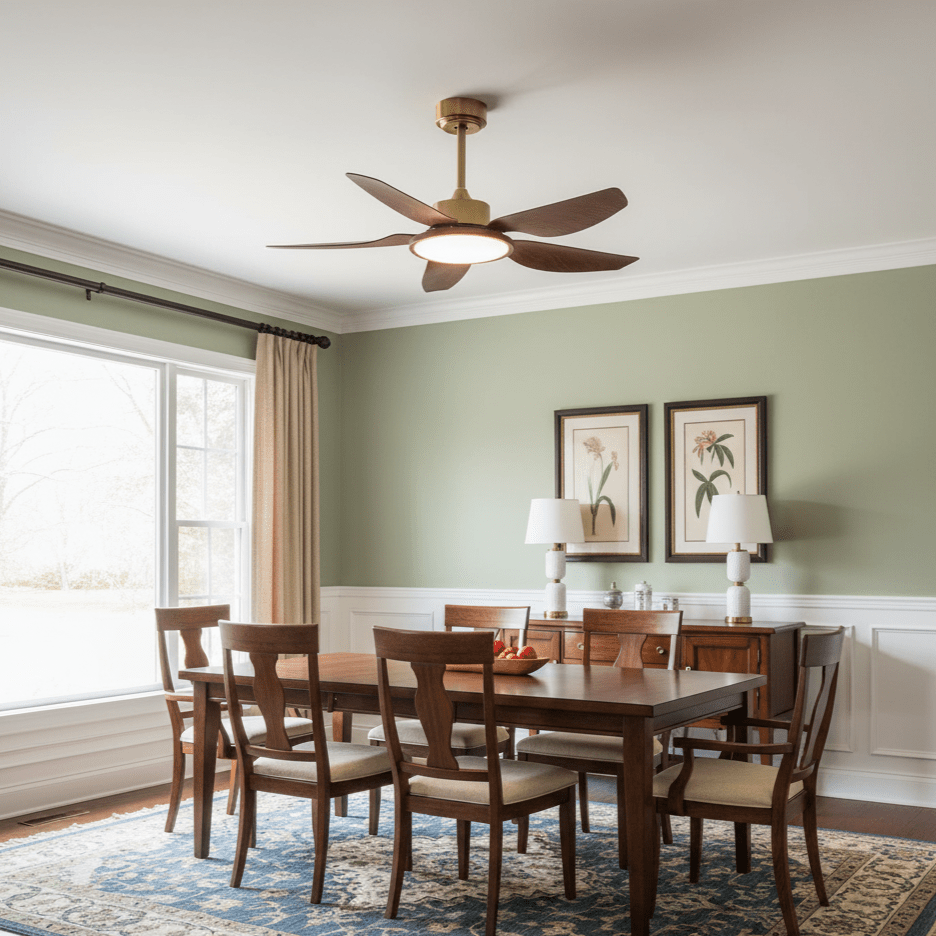 A Clérachic ceiling fan with walnut-grain blades turns above a wooden dining table and chairs in a sage green room with a blue rug.