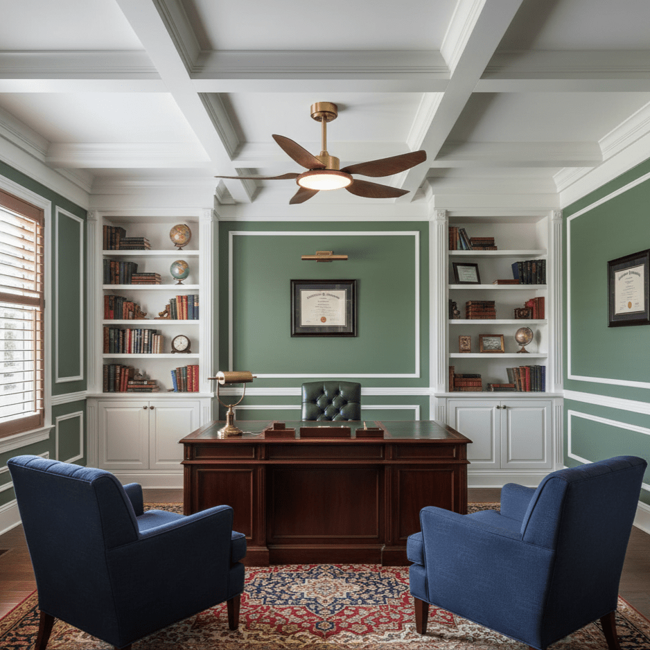 A Clérachic five-blade ceiling fan hangs in a panelled study with built-in bookcases, a dark wood desk and two navy armchairs.