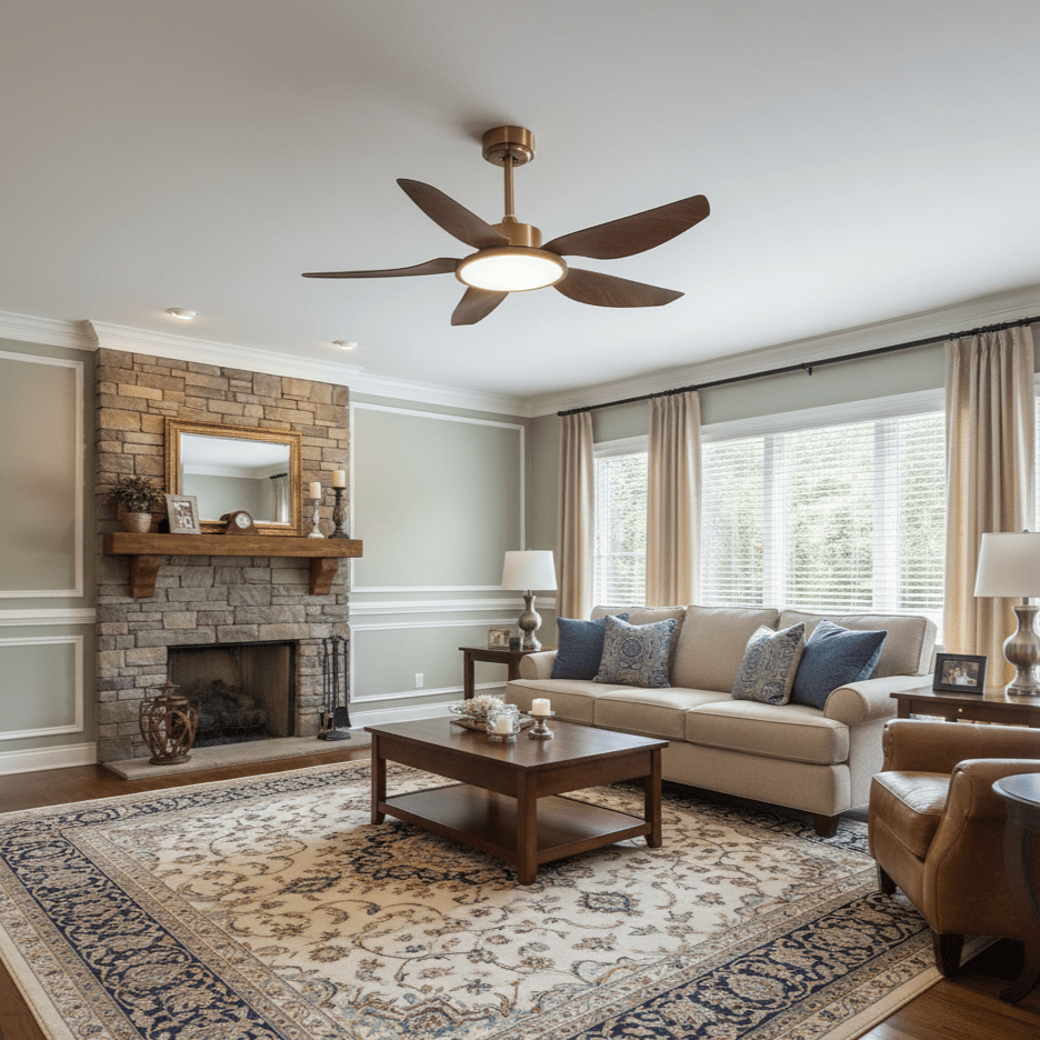 A Clérachic ceiling fan with its light on hangs above a living room with a stone fireplace, a cream sofa and a patterned rug.