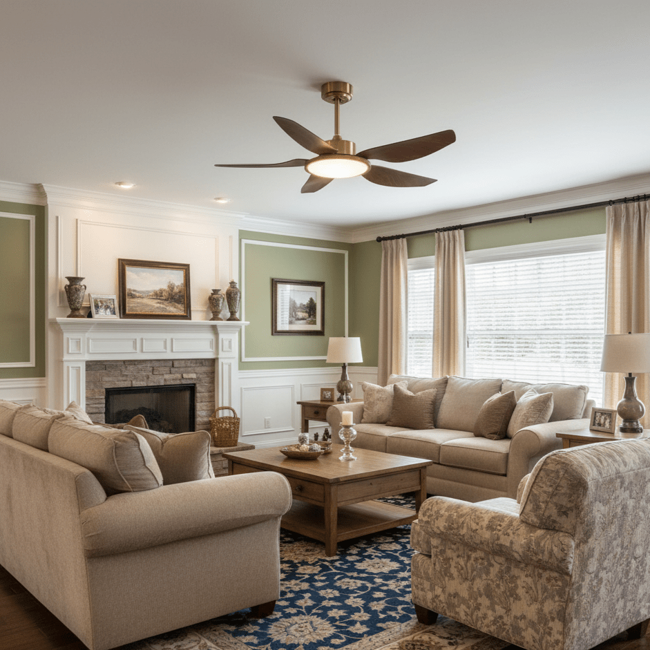 A Clérachic five-blade ceiling fan above a living room with a white fireplace, cream sofas and a navy and cream rug.