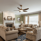 A Clérachic five-blade ceiling fan above a living room with a white fireplace, cream sofas and a navy and cream rug.