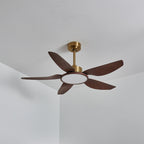 The Clérachic ceiling fan with its light switched off, the round diffuser pale and the five walnut-grain blades fully visible.