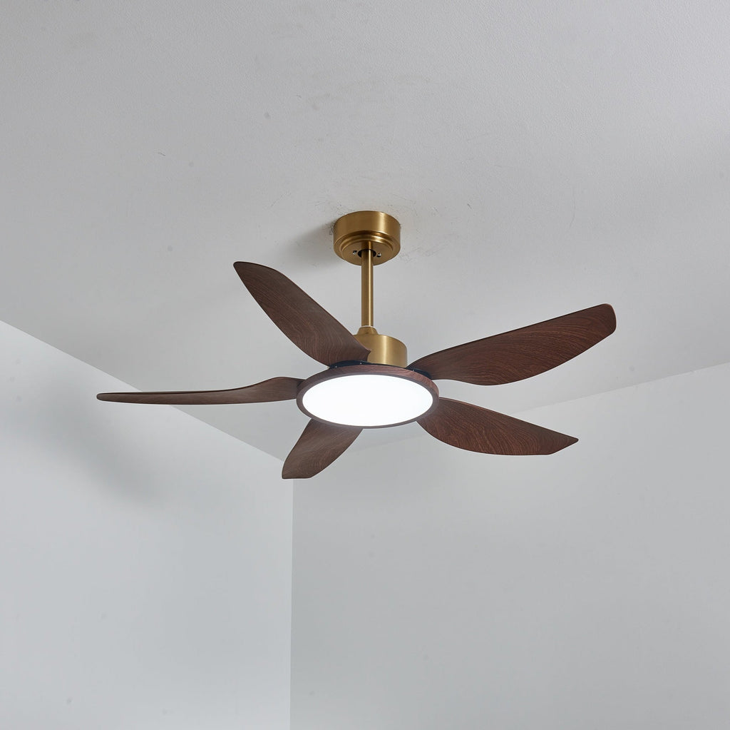 The Clérachic ceiling fan from below with its LED disc lit in a cool white, the blades dark against a pale ceiling.