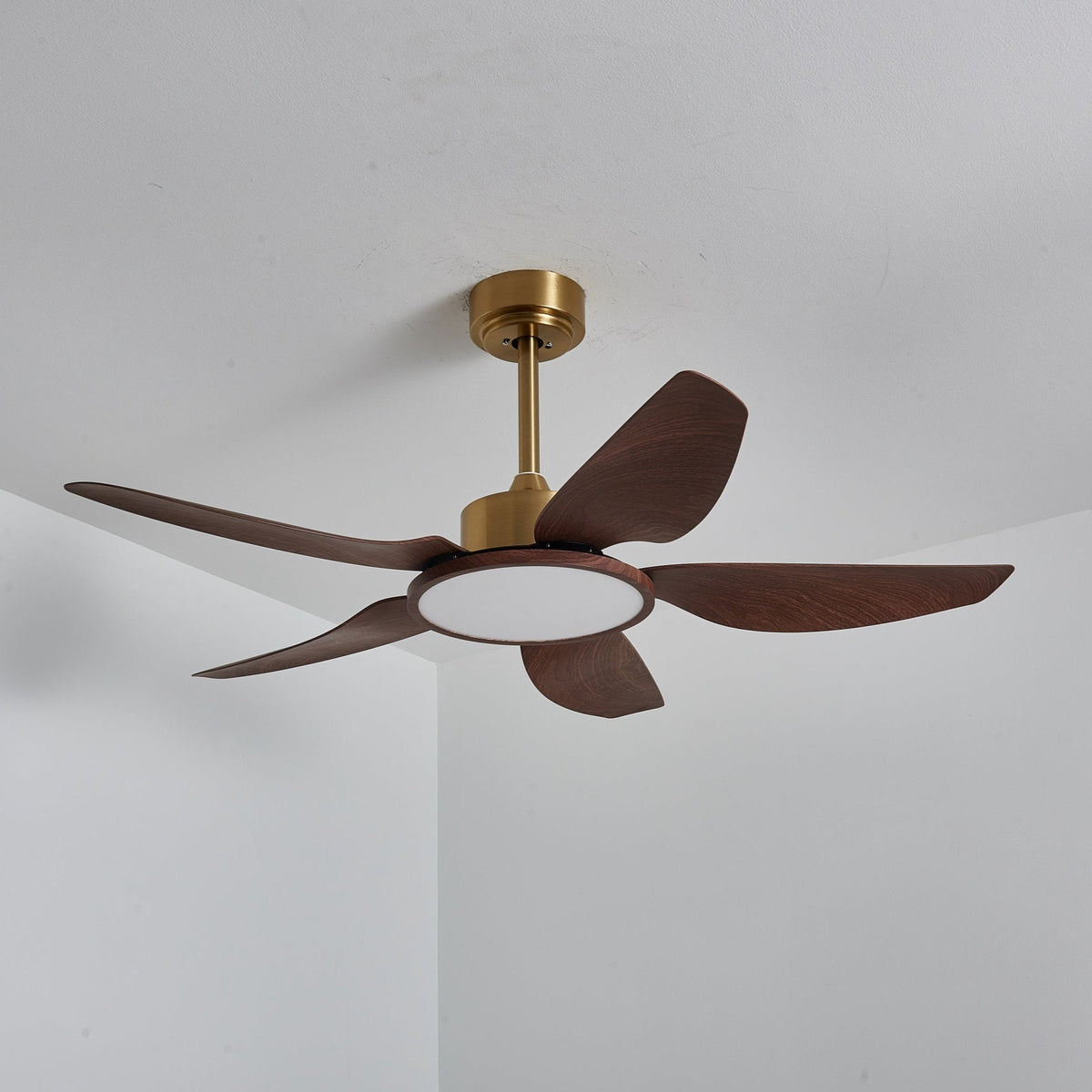 A slightly angled view of the Clérachic ceiling fan with its light off, the walnut-grain blades and gold down-rod against a pale ceiling.
