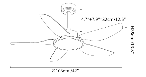 Clérachic light dimension drawing, every measurement marked in centimetres and inches, on a plain white ground.