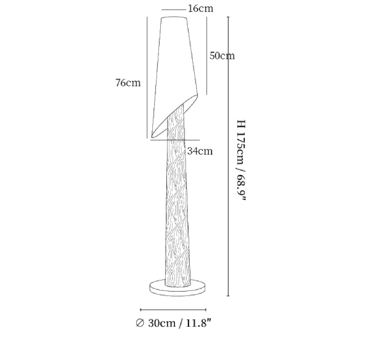 Dimension drawing of the flag floor lamp, in outline against white.