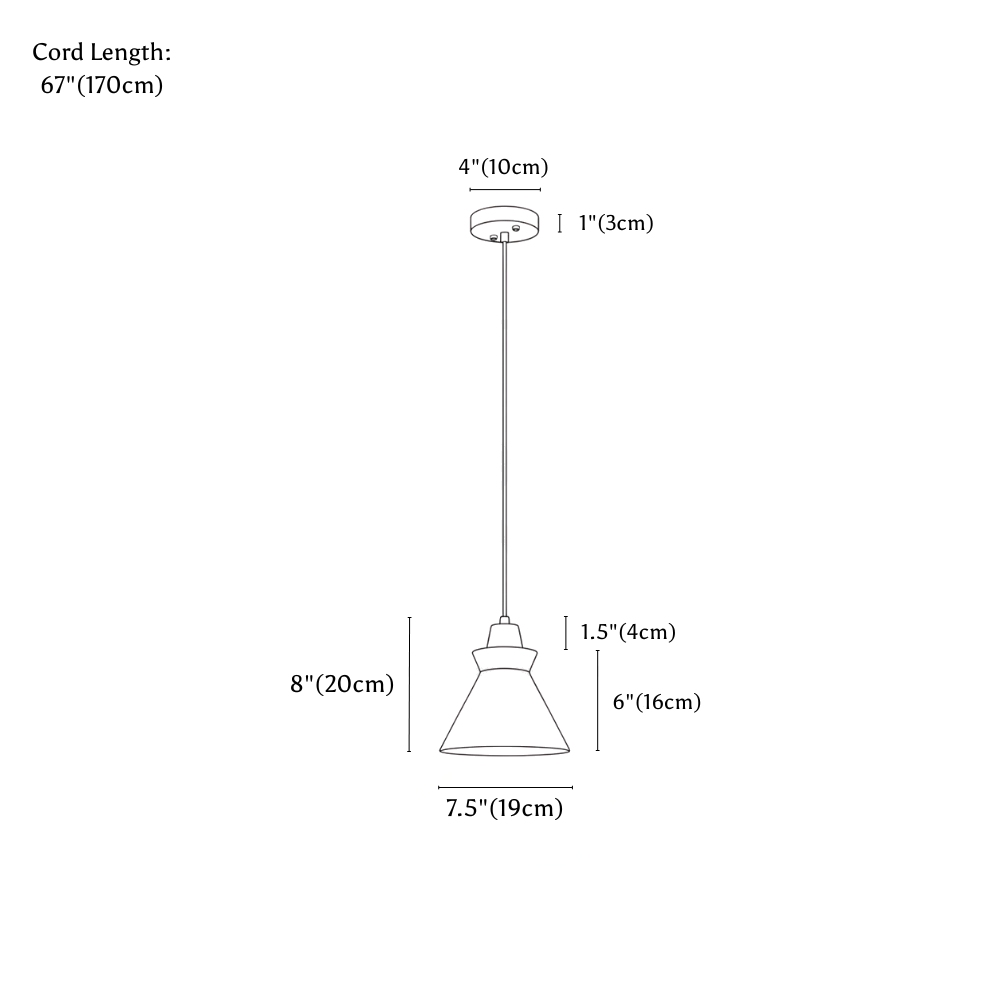 Clérachic pendant light dimension drawing, every measurement marked in centimetres and inches.