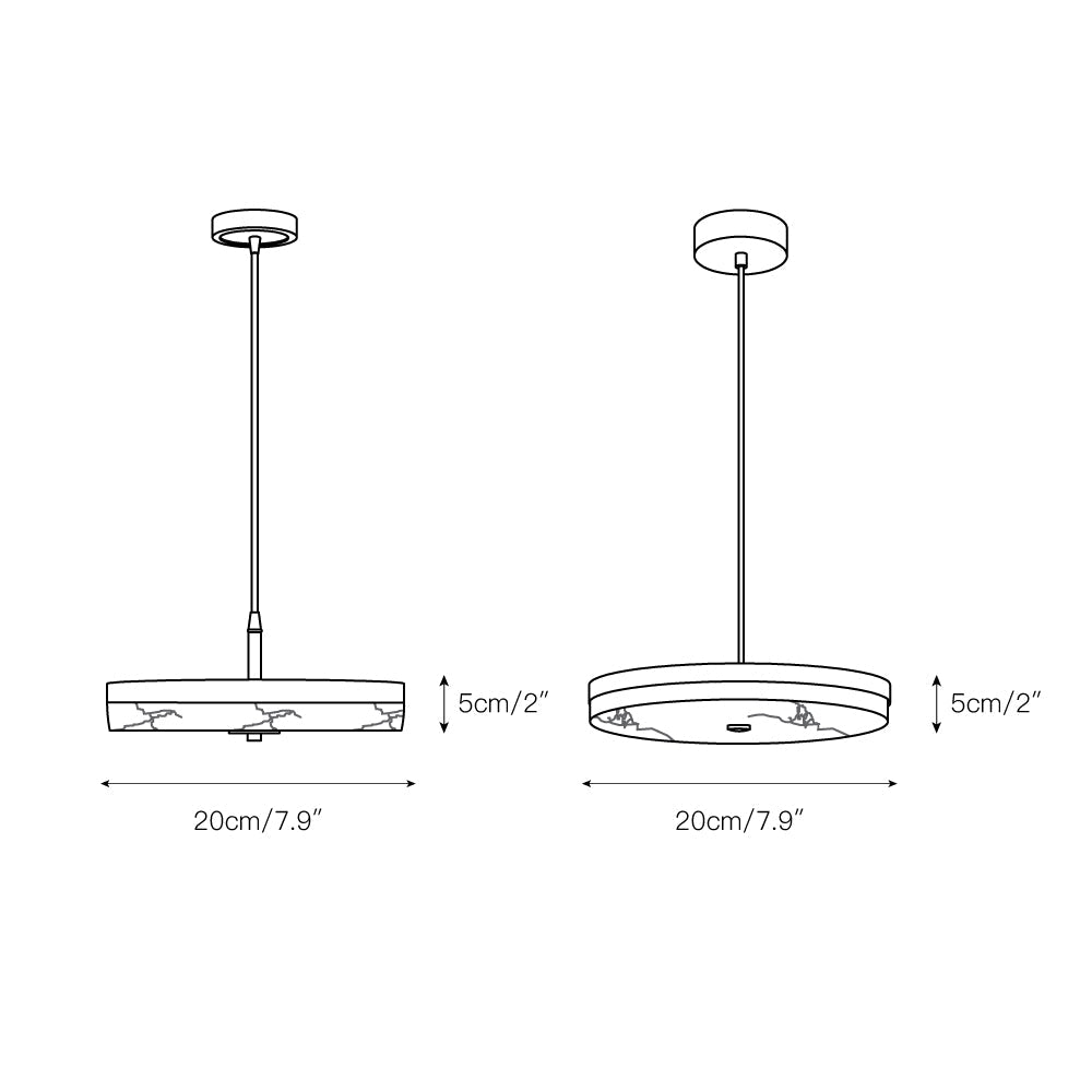 Dimension drawing for the Clérachic Flat Disc Pendant Light, 20cm/7.9″ across the alabaster disc and 5cm/2″ deep.