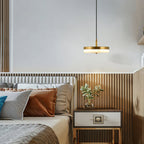 Brass Clérachic Flat Disc Pendant Light lit above a bedside table with a plant, against a slatted oak wall in a warm bedroom.