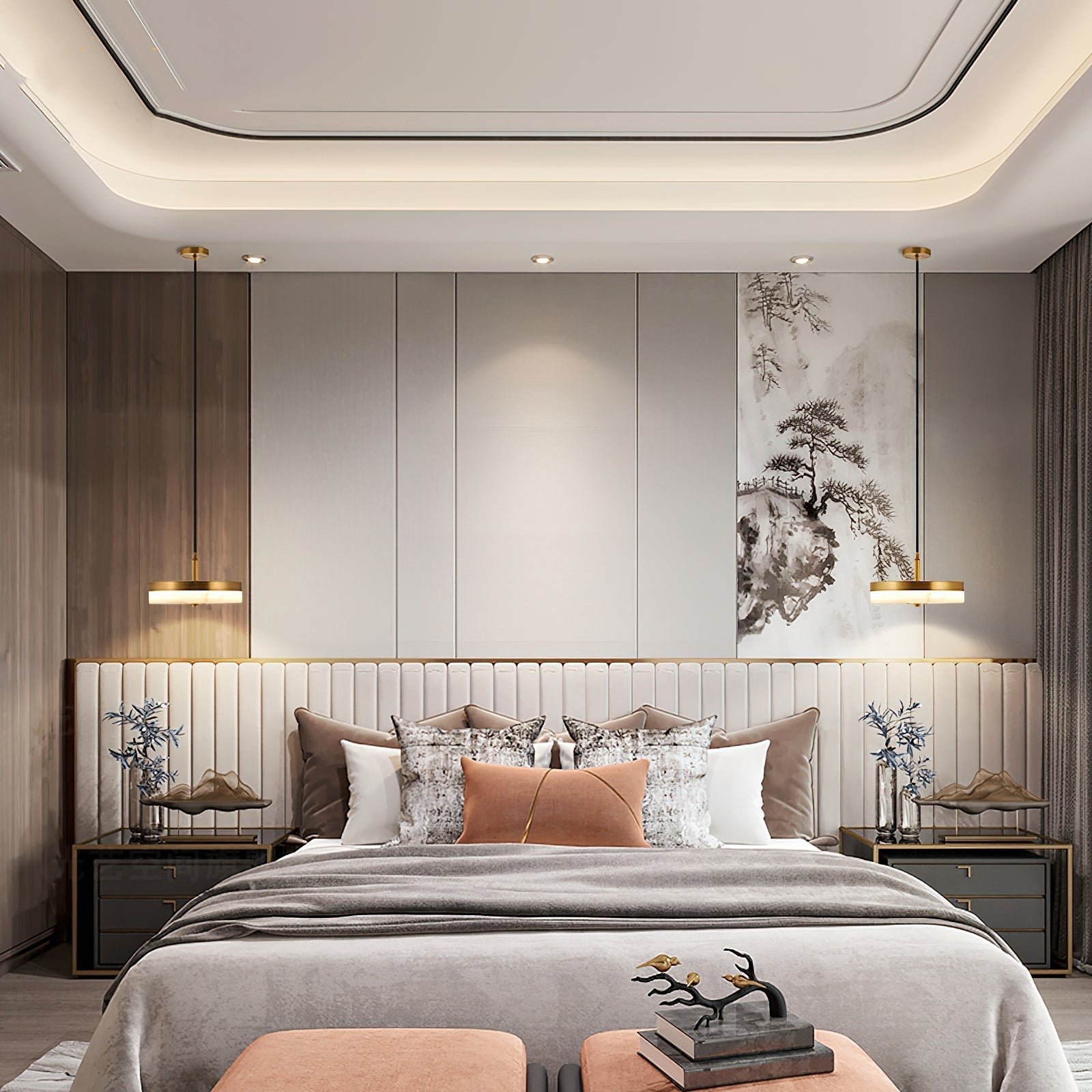 A pair of brass Clérachic Flat Disc Pendant Light pendants flanking a wide bed, used as bedside lights either side of the headboard.