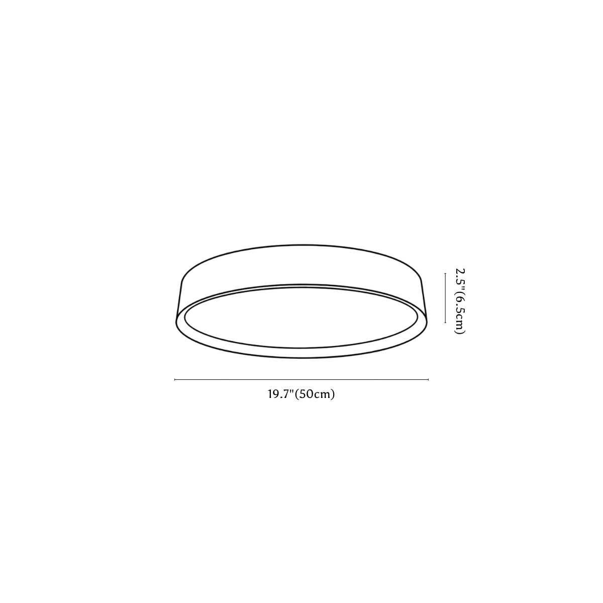 Clérachic ceiling light dimension drawing, every measurement marked in centimetres and inches.