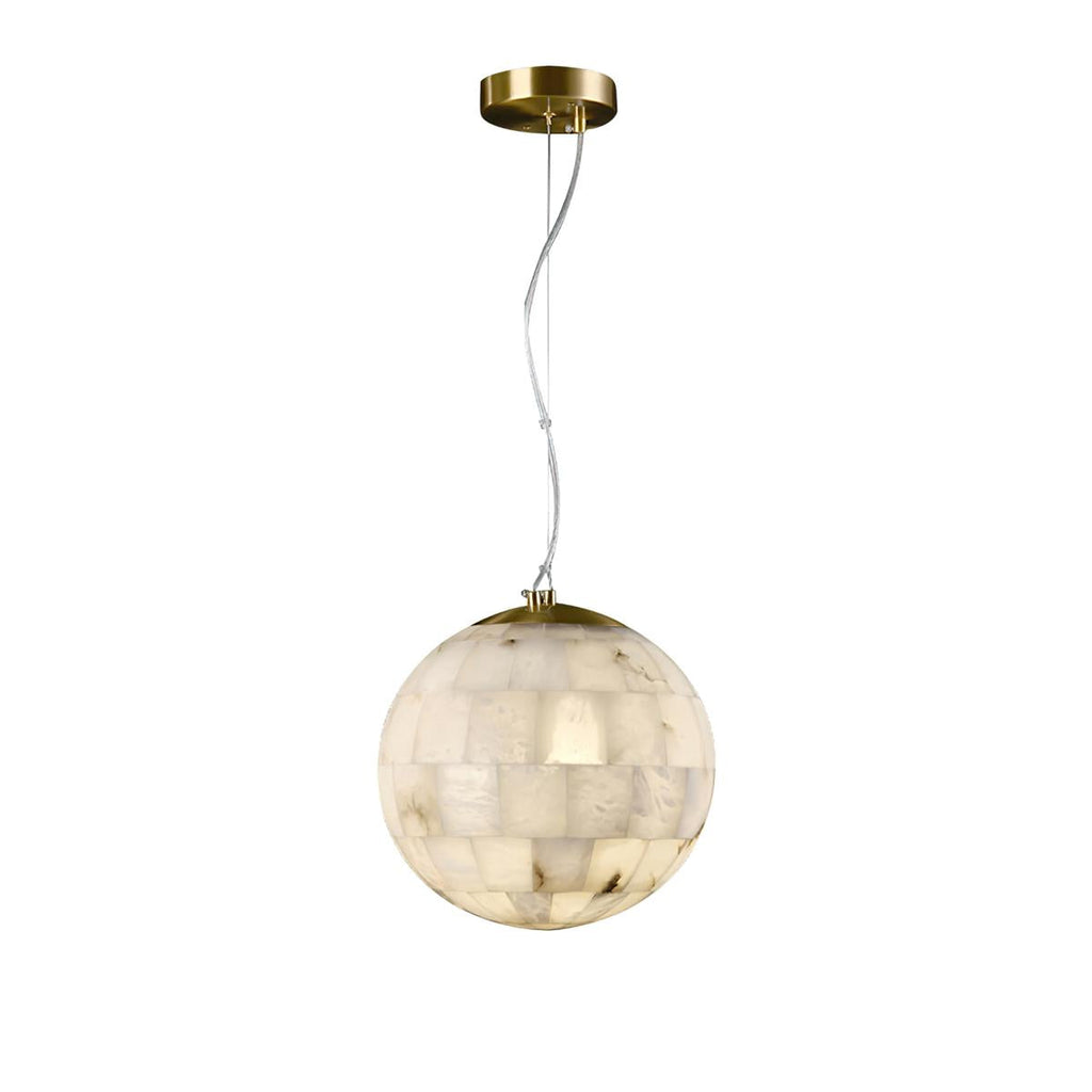 Clérachic alabaster globe pendant on white, its brass ceiling cup and clear cable holding the lit stone shade.