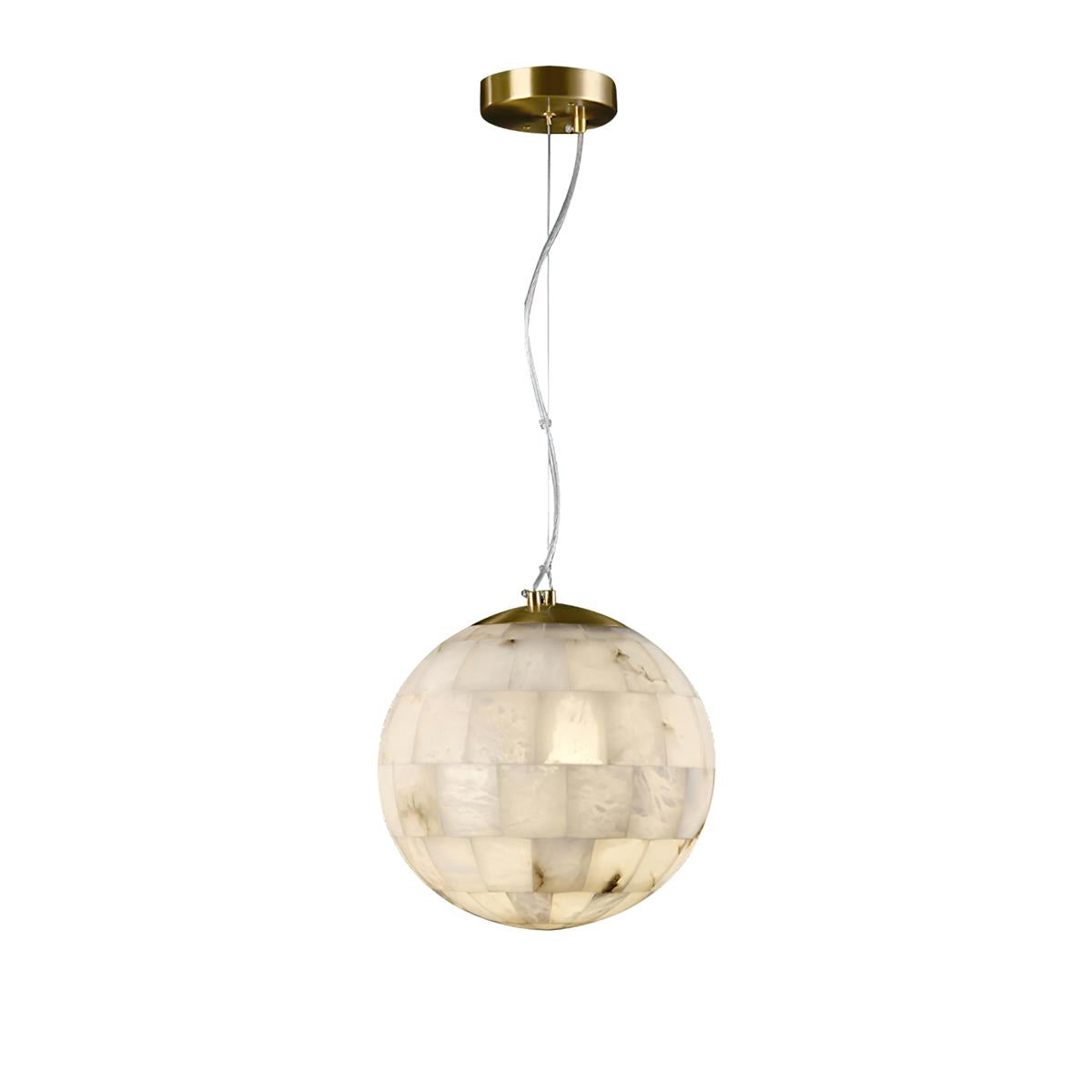 The Clérachic pendant in its larger size, the tiled alabaster globe glowing beneath a brushed brass canopy.
