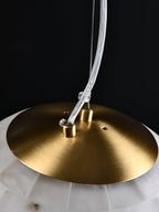 Detail of the Clérachic pendant's brushed brass canopy disc, clear suspension cable and screw fixings.
