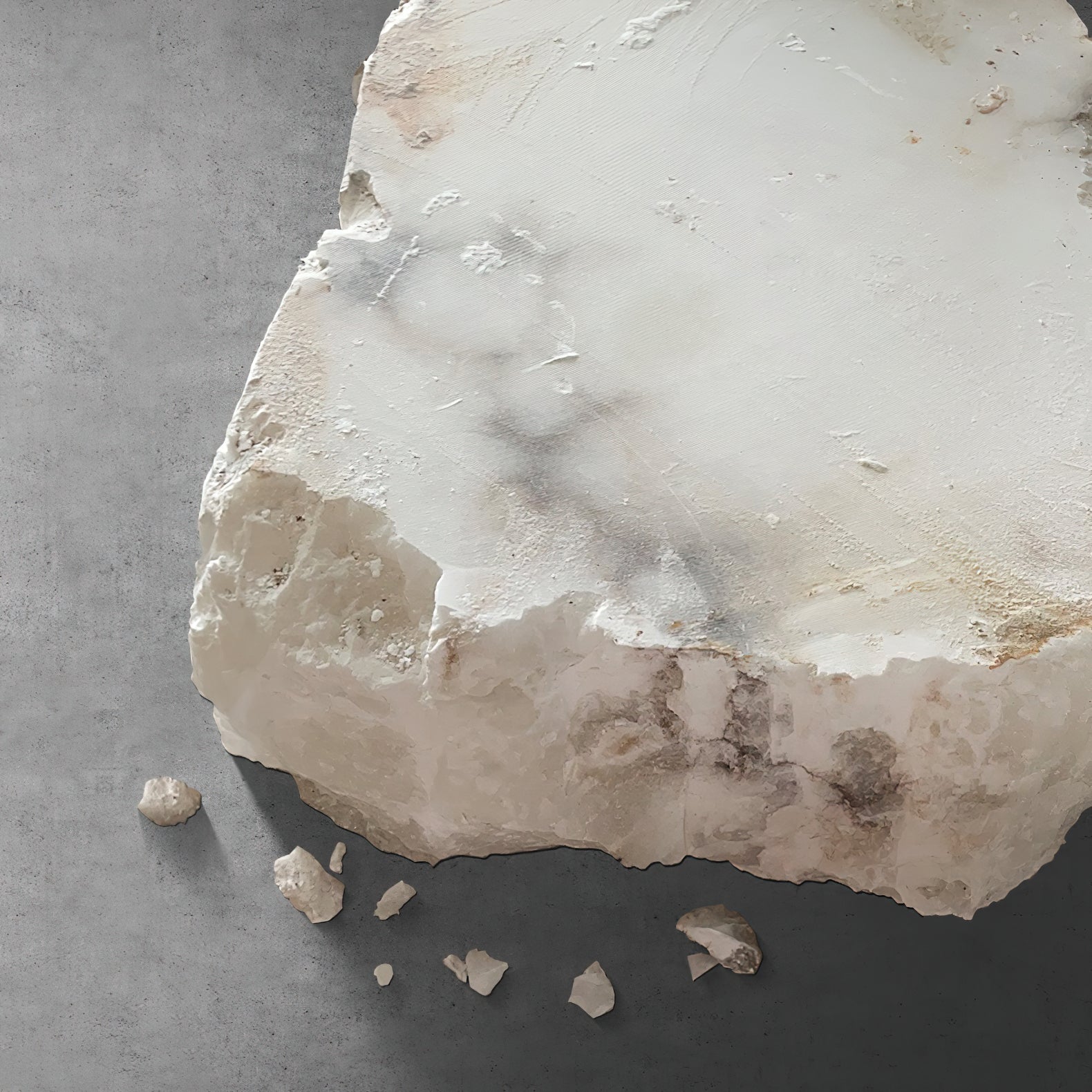 A raw block of the alabaster used for the Clérachic shade, chipped edges and cloudy white grain on grey.